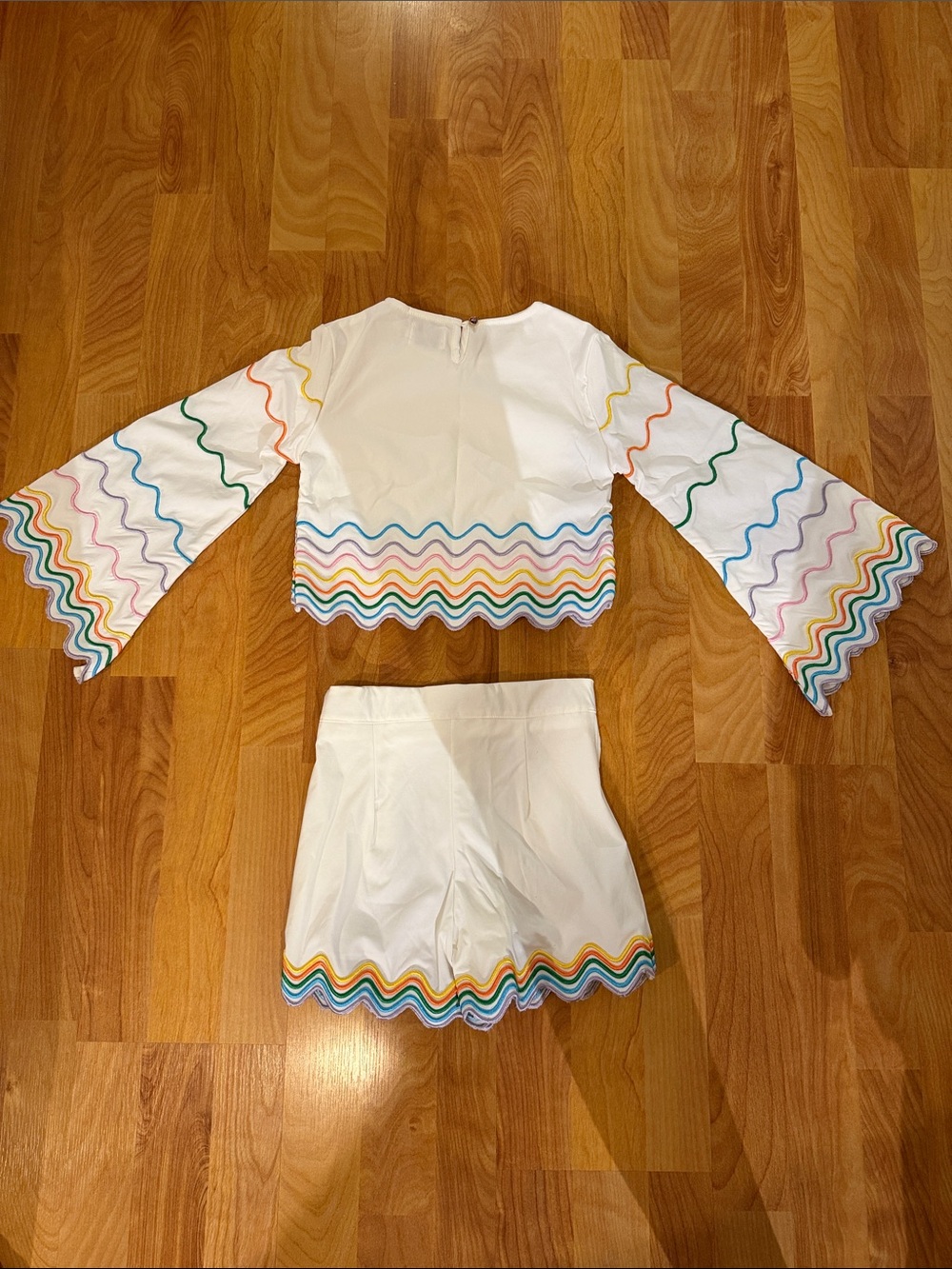 Kids White Matching Set with Rainbow Wave Trim